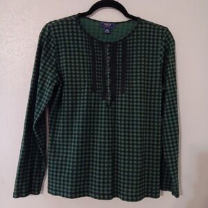 Chaps Denim Junior's Blouse  Sz L  1/4 Button Front Lace Long Sleeve...